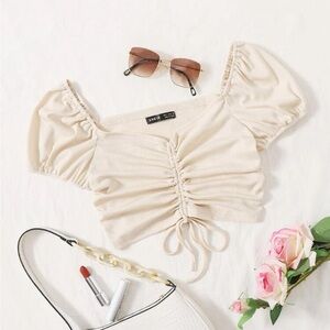 Drawstring puff sleeve crop top